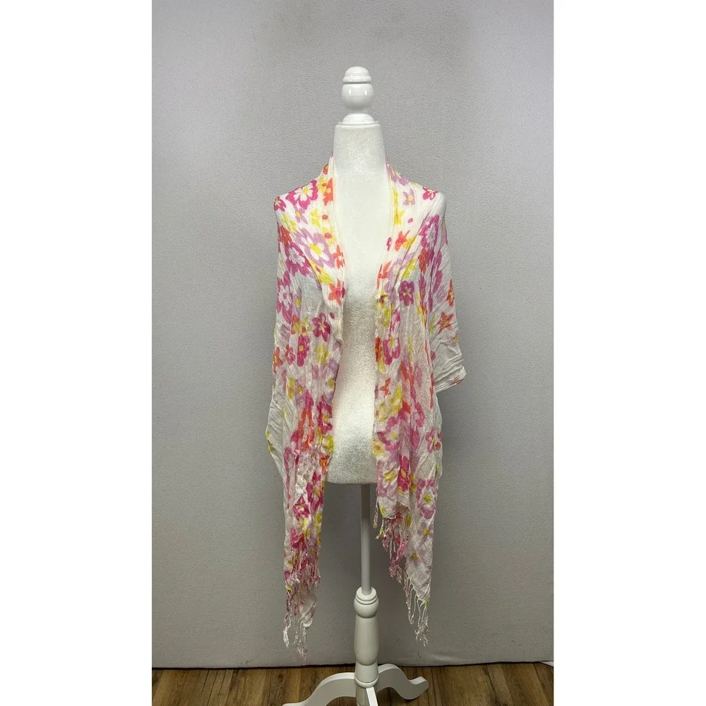 Cottagecore Airy Women OS White‎ Pink Floral Gauze Fringe Scarf Wrap
